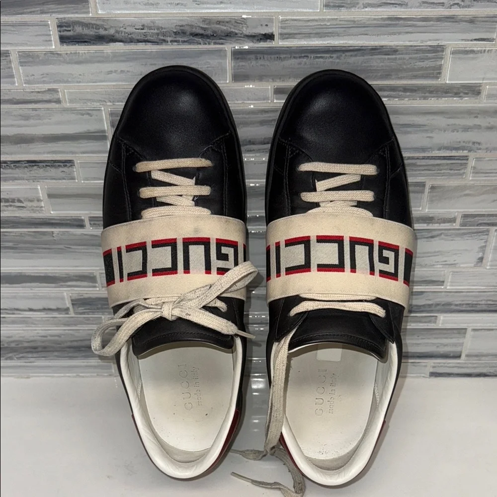 GUCCI 523469 ACE MEN'S SHOES BLACK CALF-SKIN LEATHER CASUAL SNEAKERS
